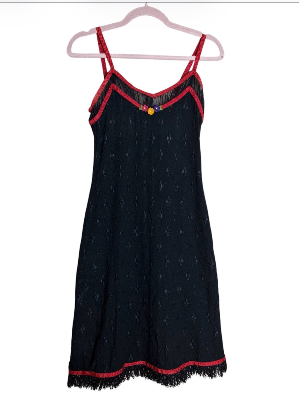 Betsey Johnson New York Black Dress with Red Trim and Floral Buttons Sz M